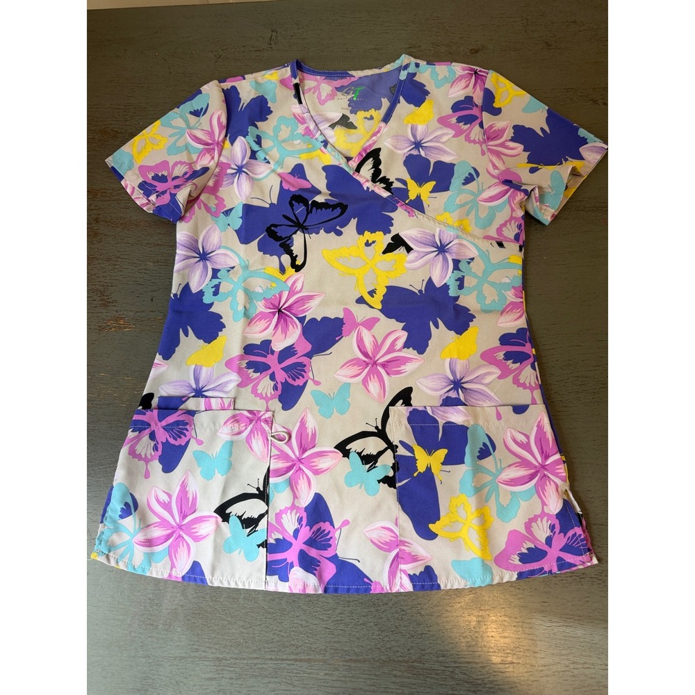 GT Performance Butterfly Floral Scrub Top Mock Wrap V-Neck Purple XS